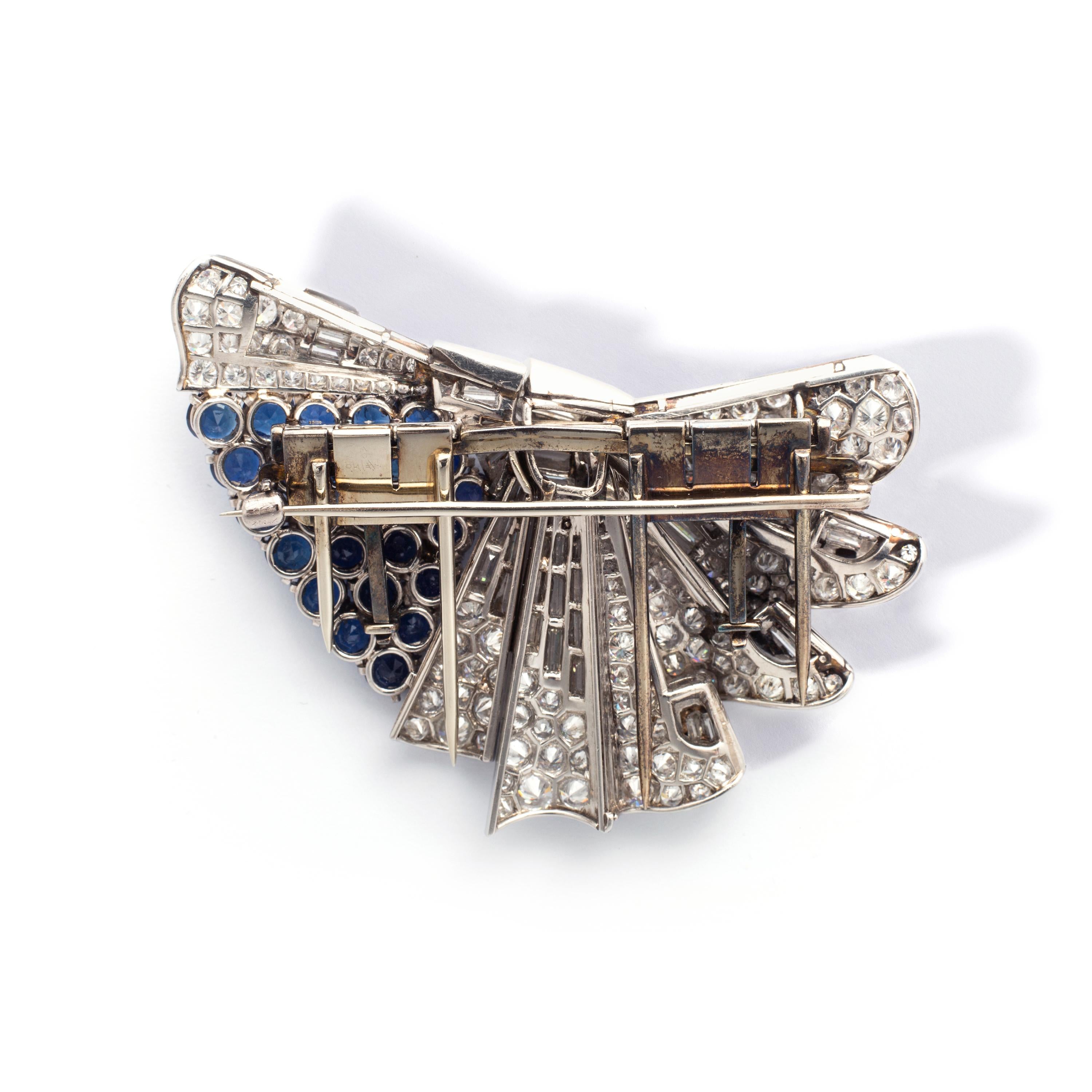 Round Cut Art Deco Brooch Double Clip Sapphire Diamond For Sale