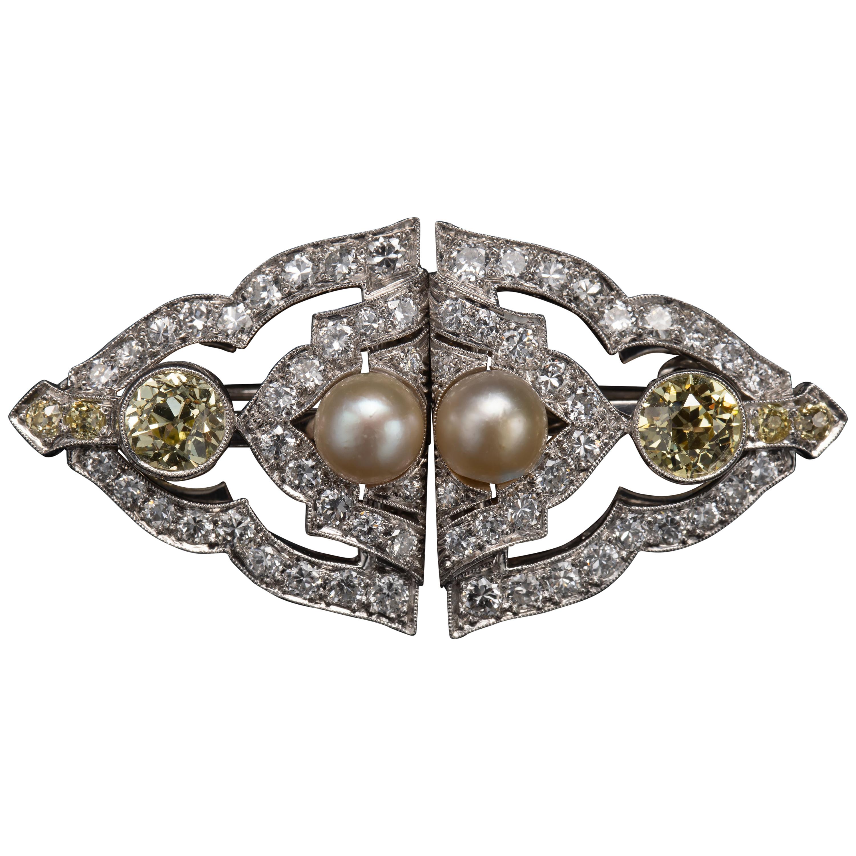 Broche et clips de robe Art déco en perles naturelles et diamants jaunes fantaisie certifiés GIA