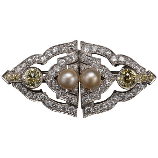 GIA Certified Natural Pearl and Diamond Platinum Brooch For Sale at 1stDibs