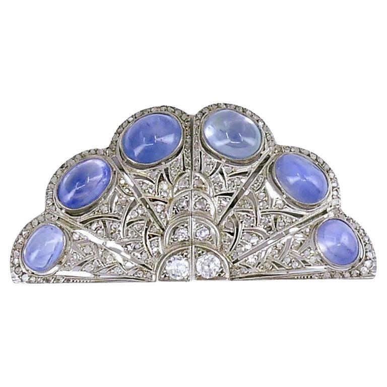 Art Deco Brooch Palladium Rose Gold Sapphire Diamond Double Clip Antique