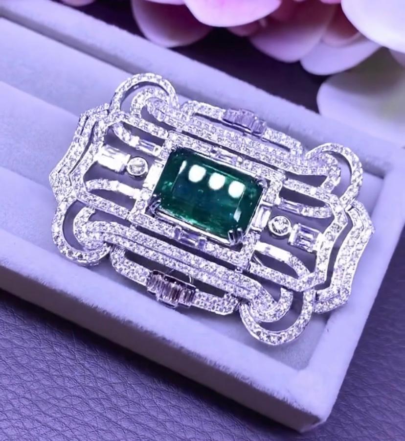 Women's or Men's AIG Certfied 13.00 Ct Zambian Emerald  4.60 Ct Diamonds 18k Gold Brooch-Pendant  For Sale