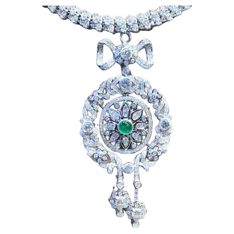 Diamonds 7.60 Ct Zambian Emerald 1.40 Ct 18k Gold Art Deco Pendant  For Sale