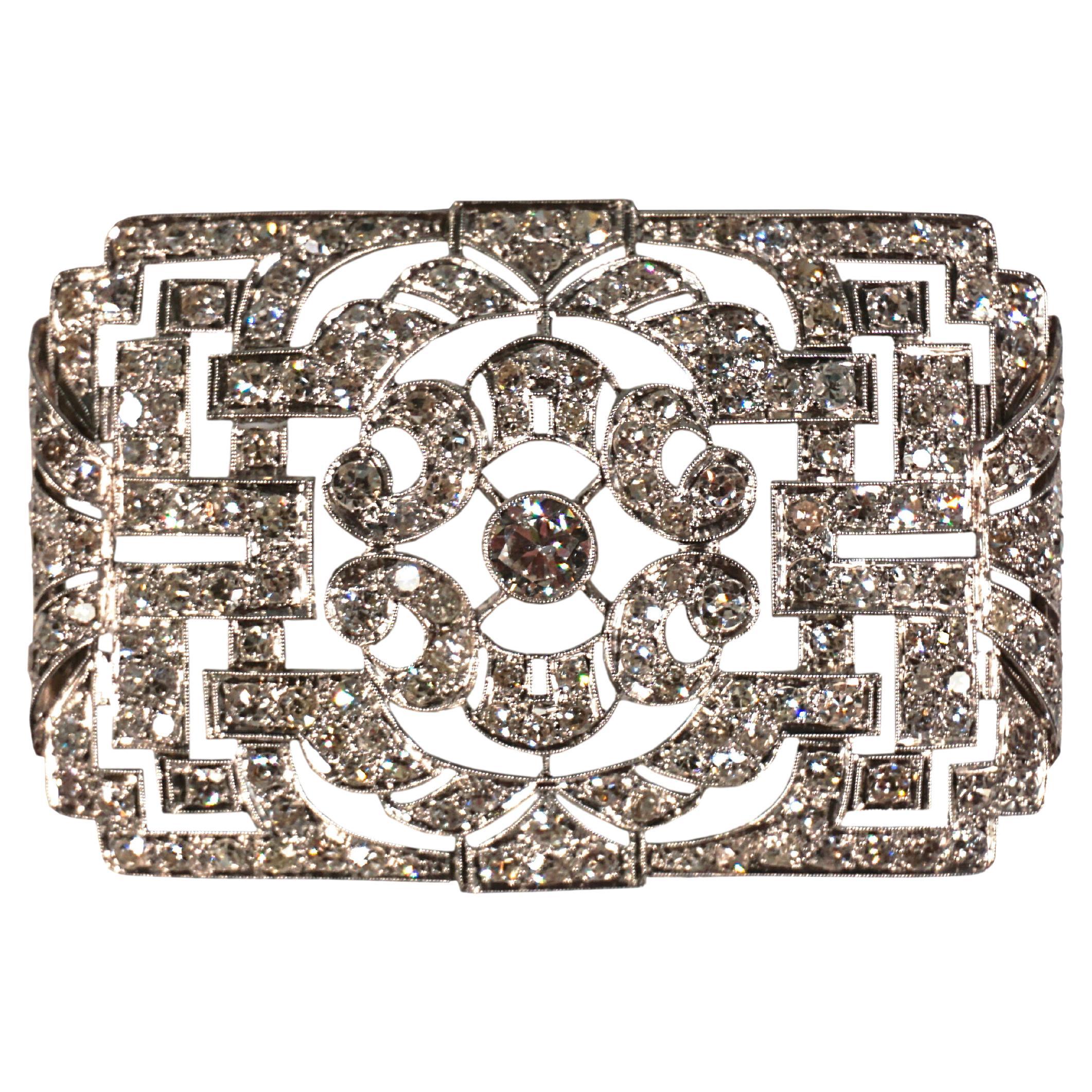 Art Déco Brooch, Platinum 950 With Diamonds Circa 7.5 Carat, Made ca 1930