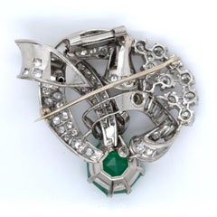 ART-DECO Brooch Platinum GIA Certified 9.77 Carat Emerald & Diamond Scroll.
