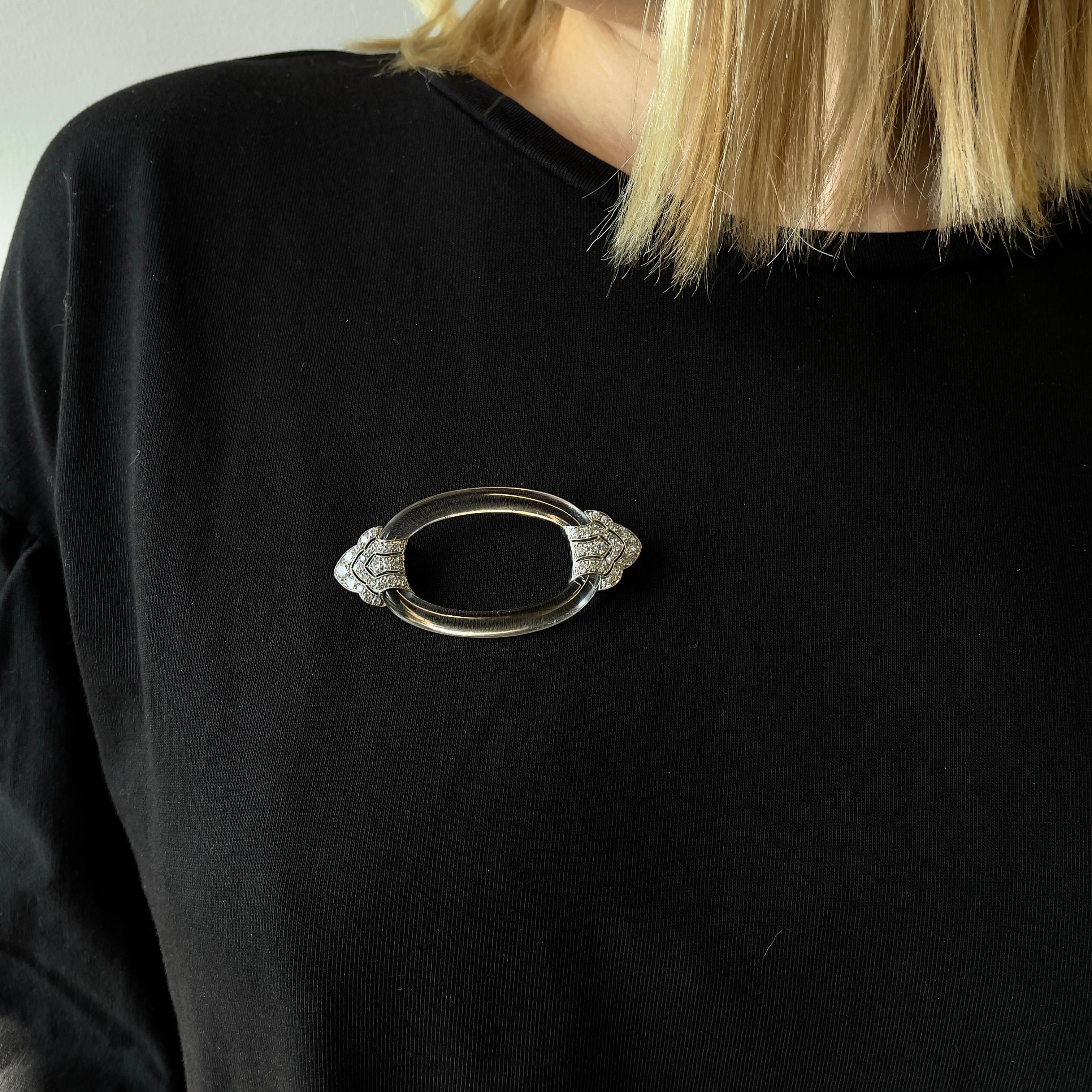 Art Deco Brooch Rock Crystal Diamond Platinum Brooch In Excellent Condition In Beverly Hills, CA