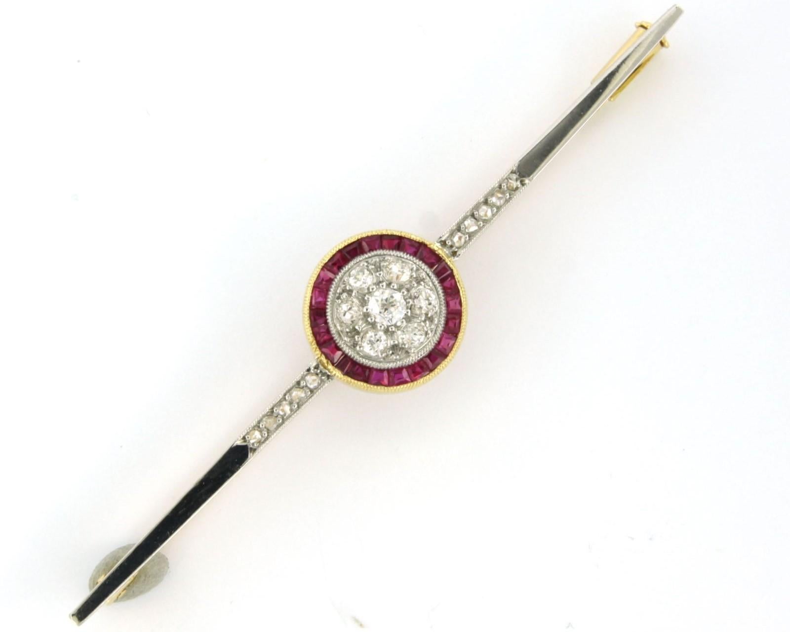 Old Mine Cut ART DECO brooch set with ruby and diamonds 18k bicolour gold For Sale