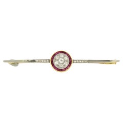 Antique ART DECO brooch set with ruby and diamonds 18k bicolour gold