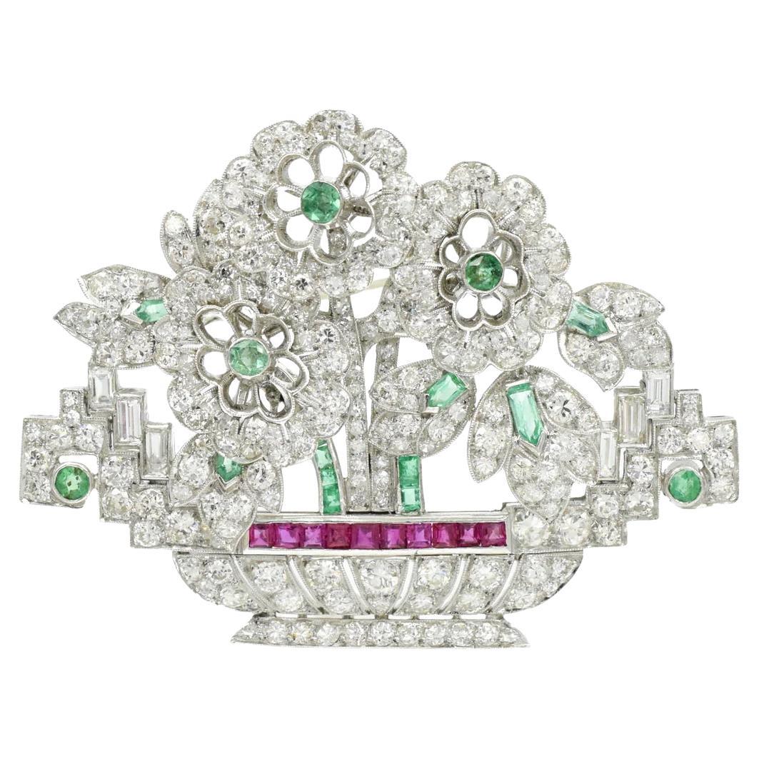 Art Deco Brooch Three Flowers In The Basket Made In Platinum For Sale