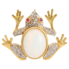 Art Deco Victorian Brooch Vintage Pin Opal Ruby & Diamond Silver Frog Pin