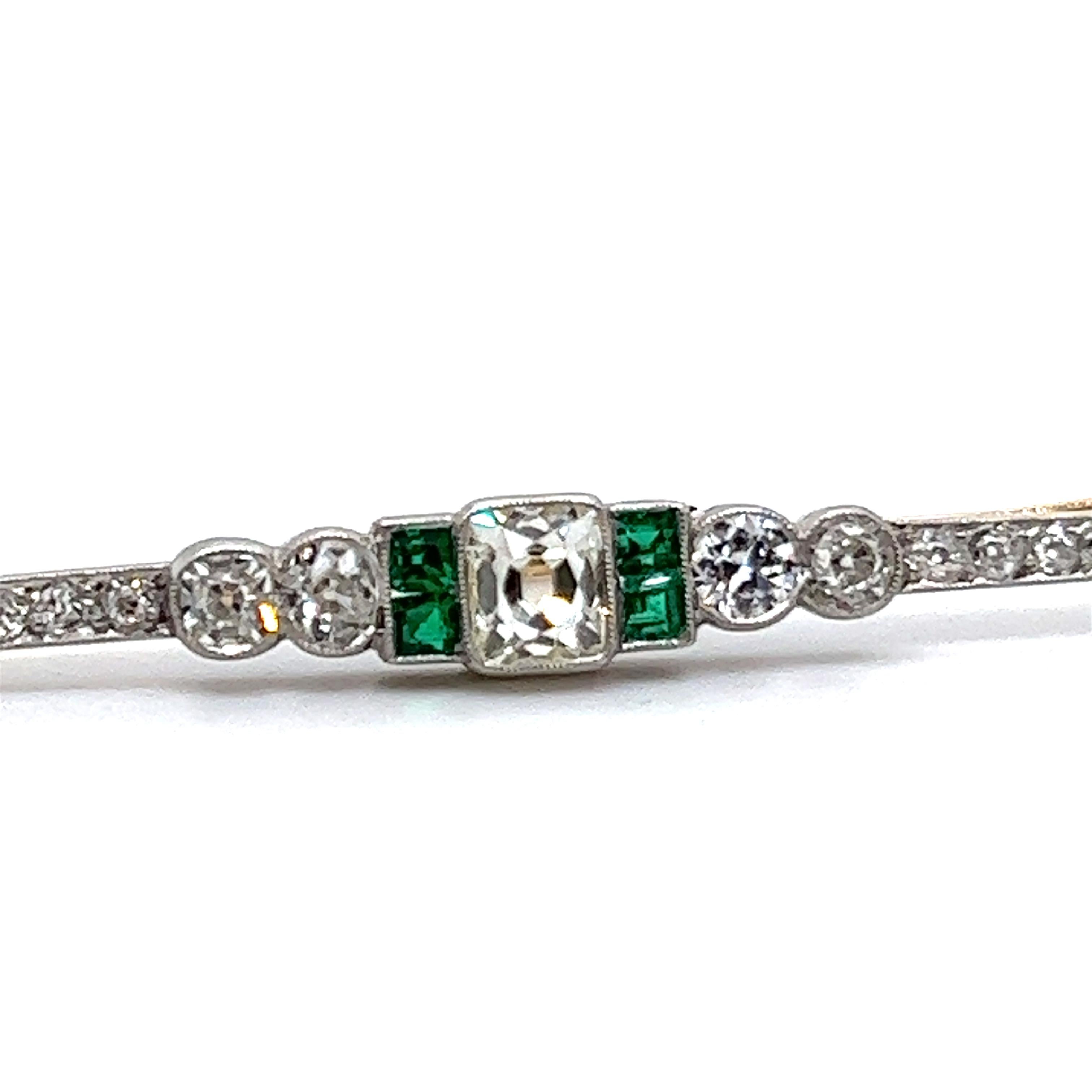 Old European Cut Art Deco Brooch with Old Cut Diamonds and Emeralds in 18 Karat Gold For Sale