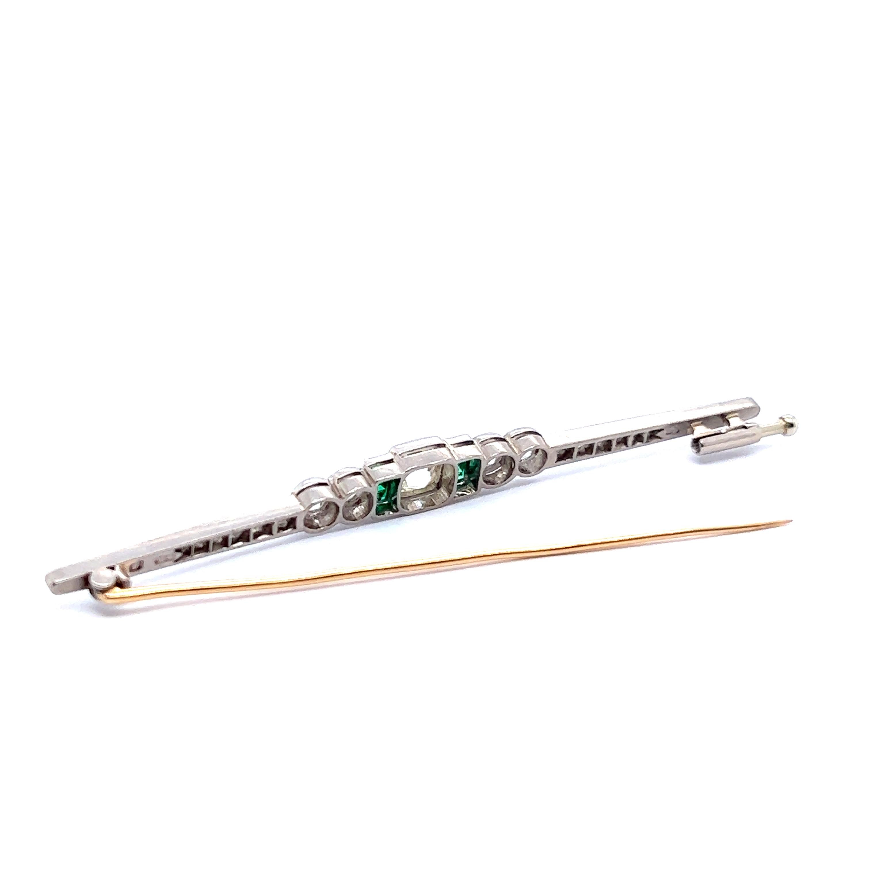 Women's or Men's Art Deco Brooch with Old Cut Diamonds and Emeralds in 18 Karat Gold For Sale
