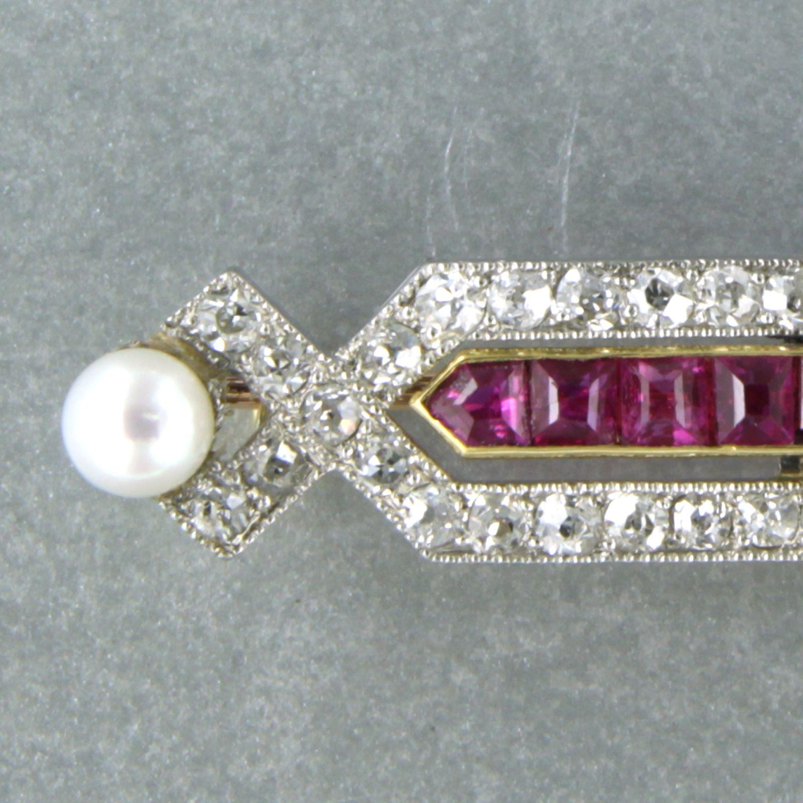 Art Deco ART DECO brooch with pearls, ruby and old mine cut diamond 18k gold and platinum For Sale