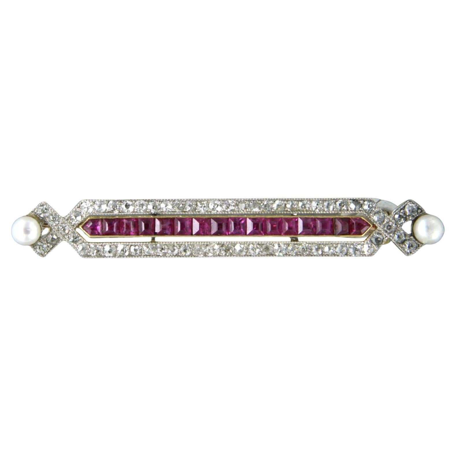 ART DECO brooch with pearls, ruby and old mine cut diamond 18k gold and platinum