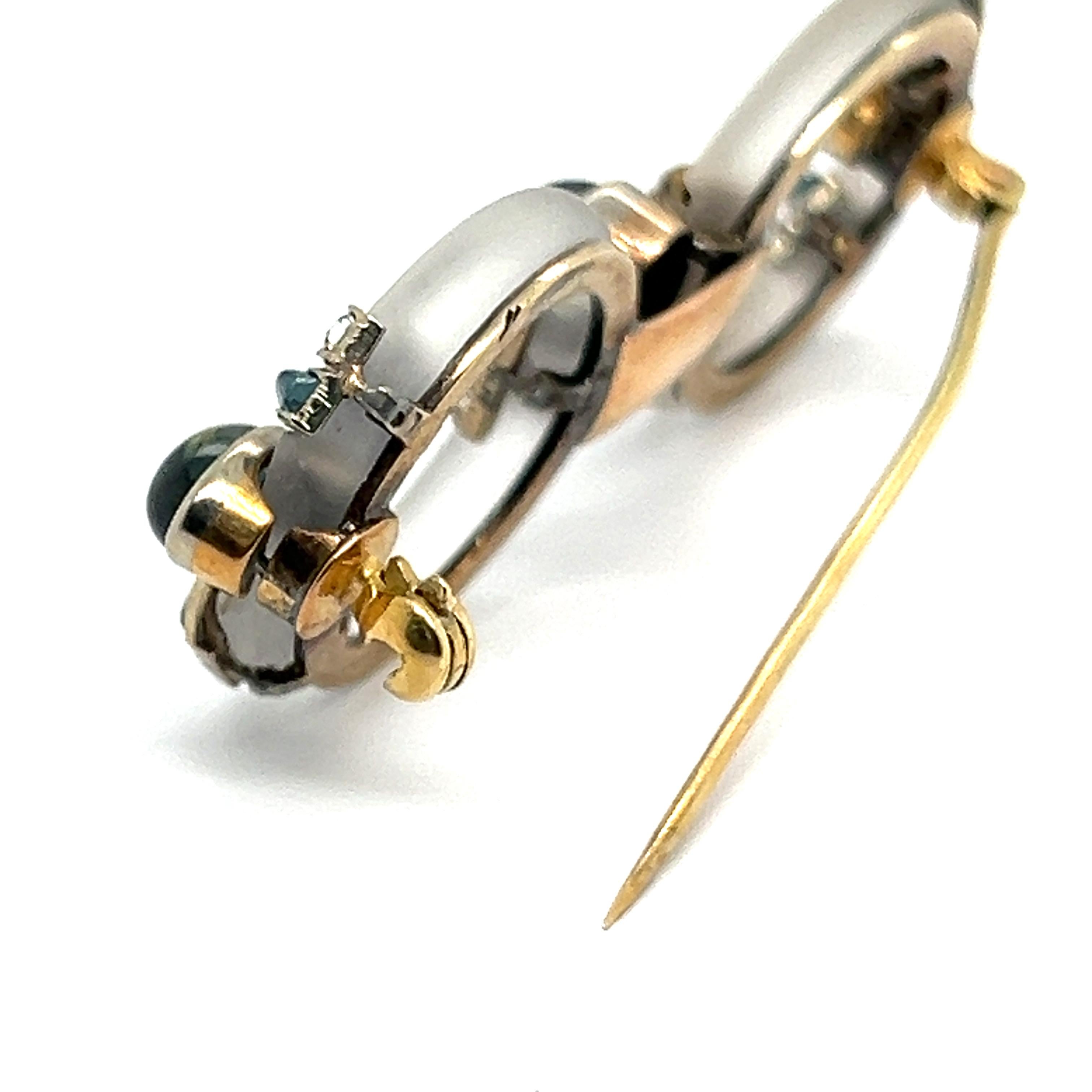 Art Deco Brooch with Rock Crystal, Diamonds and Sapphires in 14K Yellow Gold For Sale 5