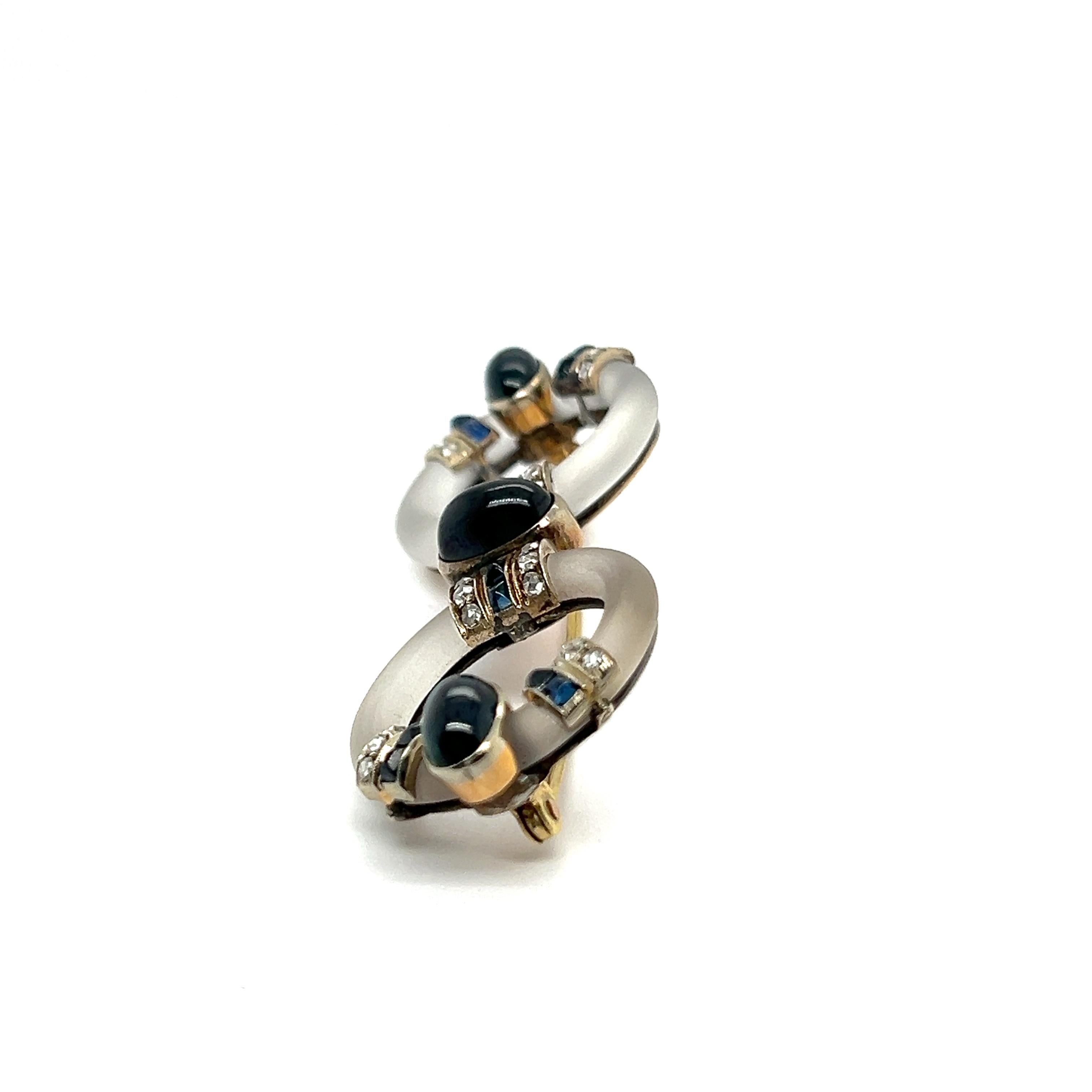 Art Deco Brooch with Rock Crystal, Diamonds and Sapphires in 14K Yellow Gold For Sale 7