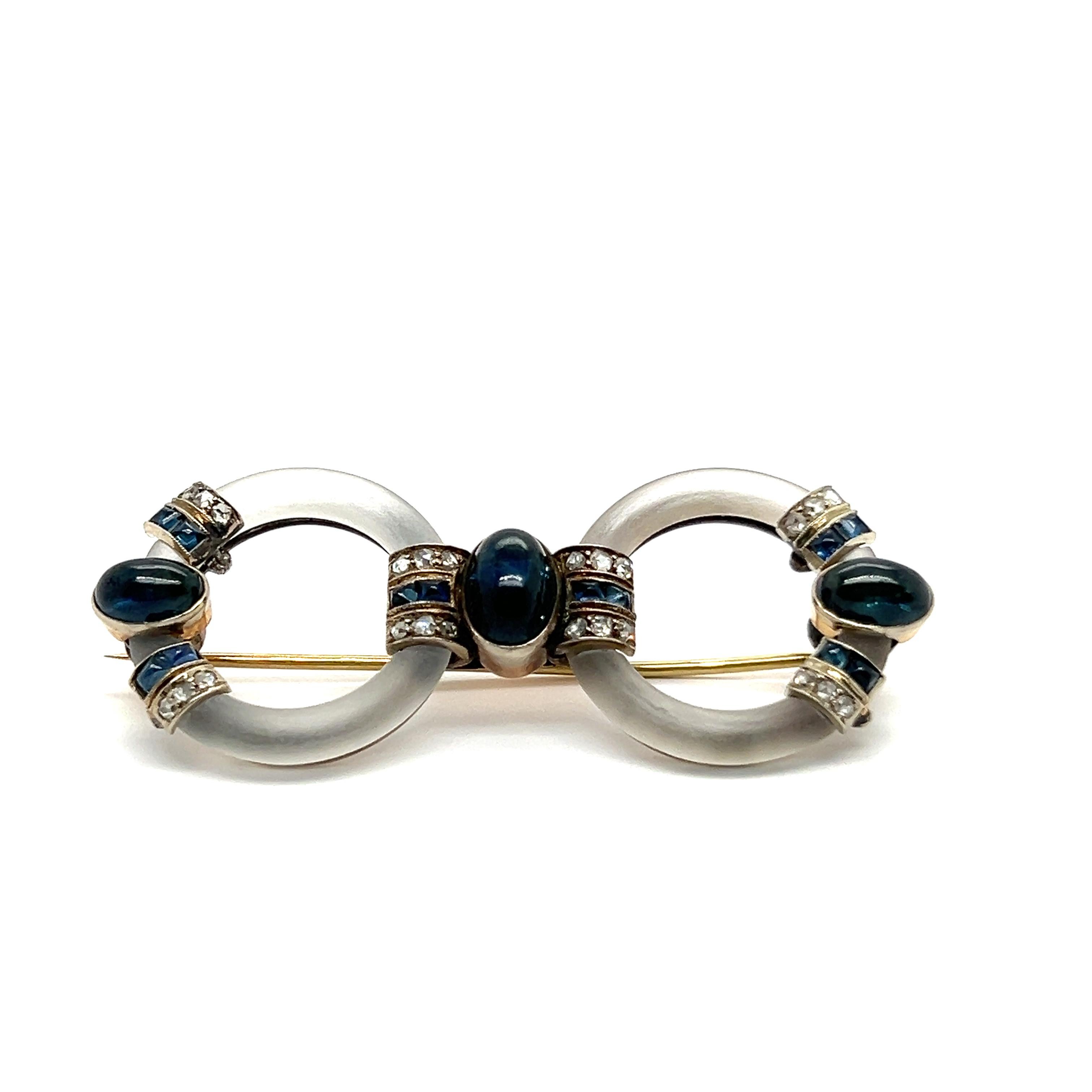 Art Deco Brooch with Rock Crystal, Diamonds and Sapphires in 14K Yellow Gold For Sale 1