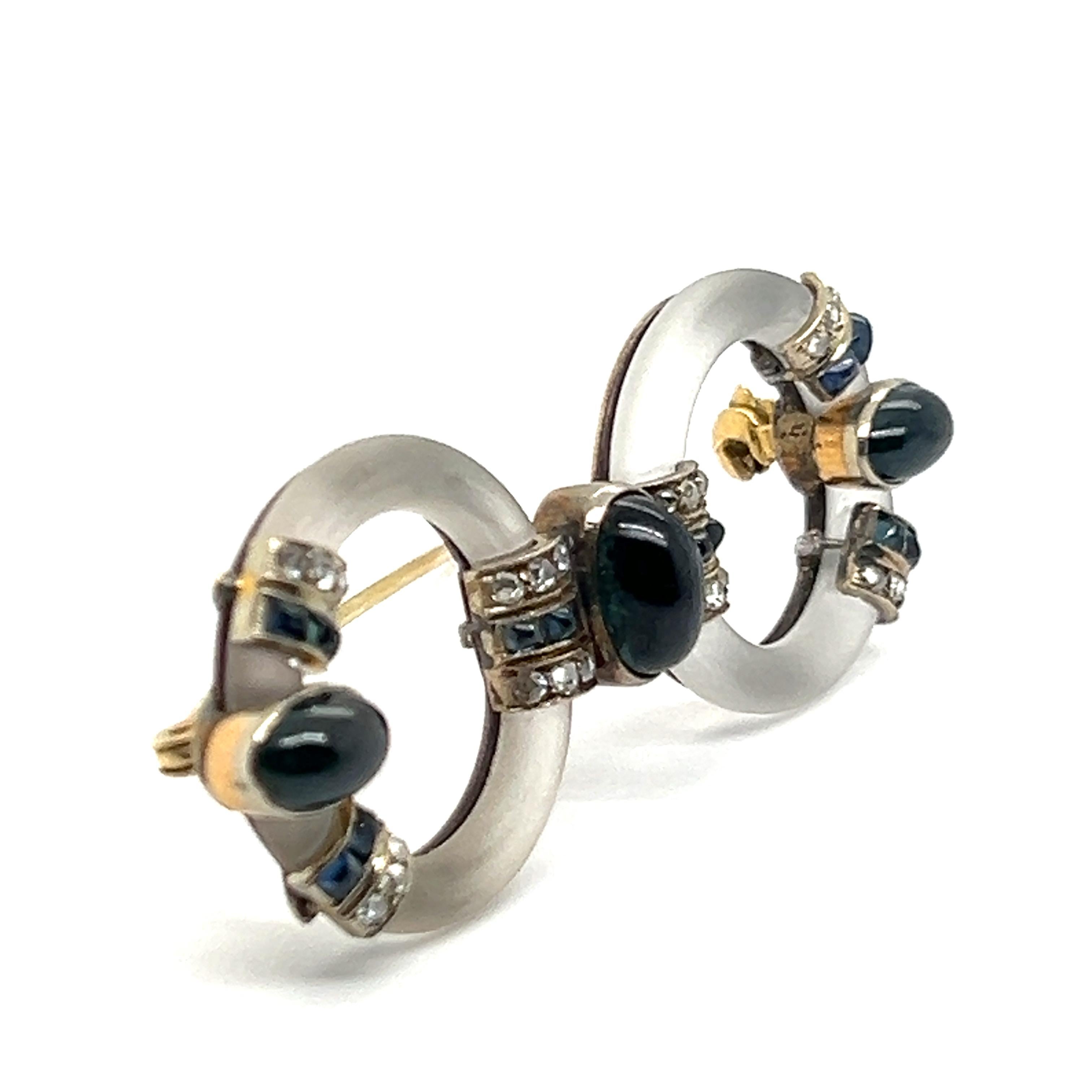 Art Deco Brooch with Rock Crystal, Diamonds and Sapphires in 14K Yellow Gold For Sale 2