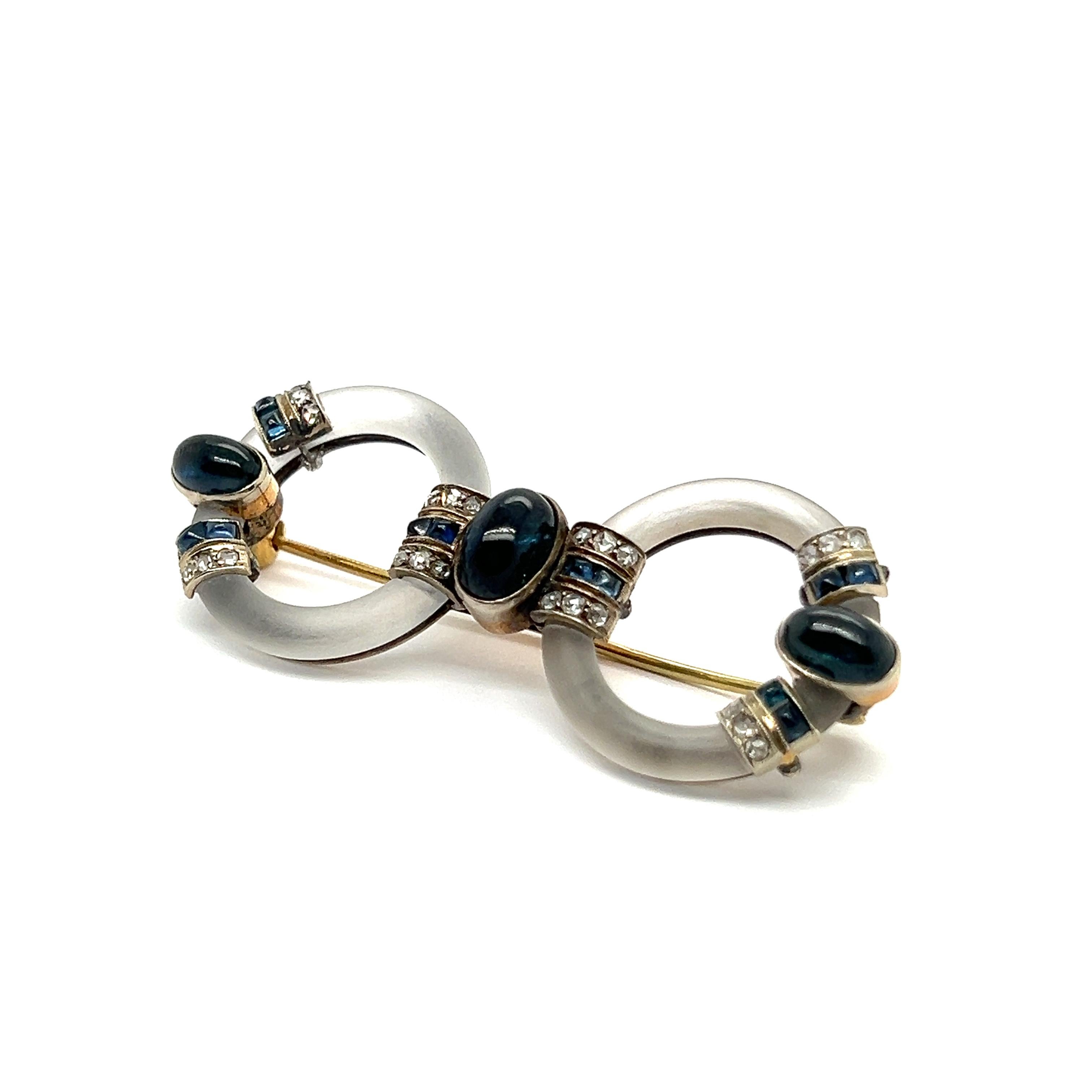 Art Deco Brooch with Rock Crystal, Diamonds and Sapphires in 14K Yellow Gold For Sale 4