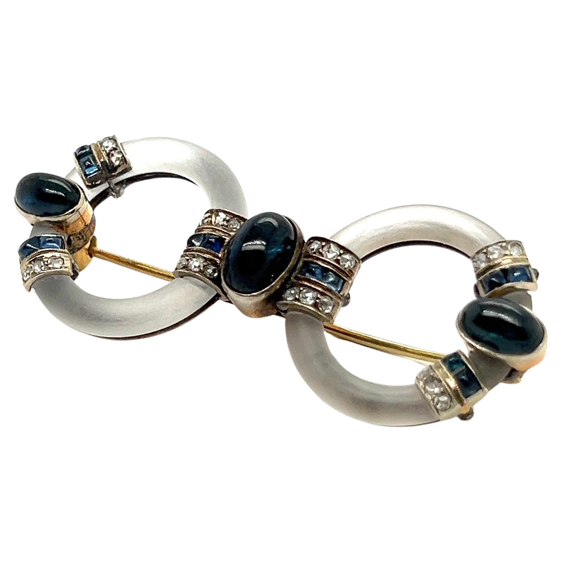 Art Deco Brooch with Rock Crystal, Diamonds and Sapphires in 14K Yellow Gold For Sale