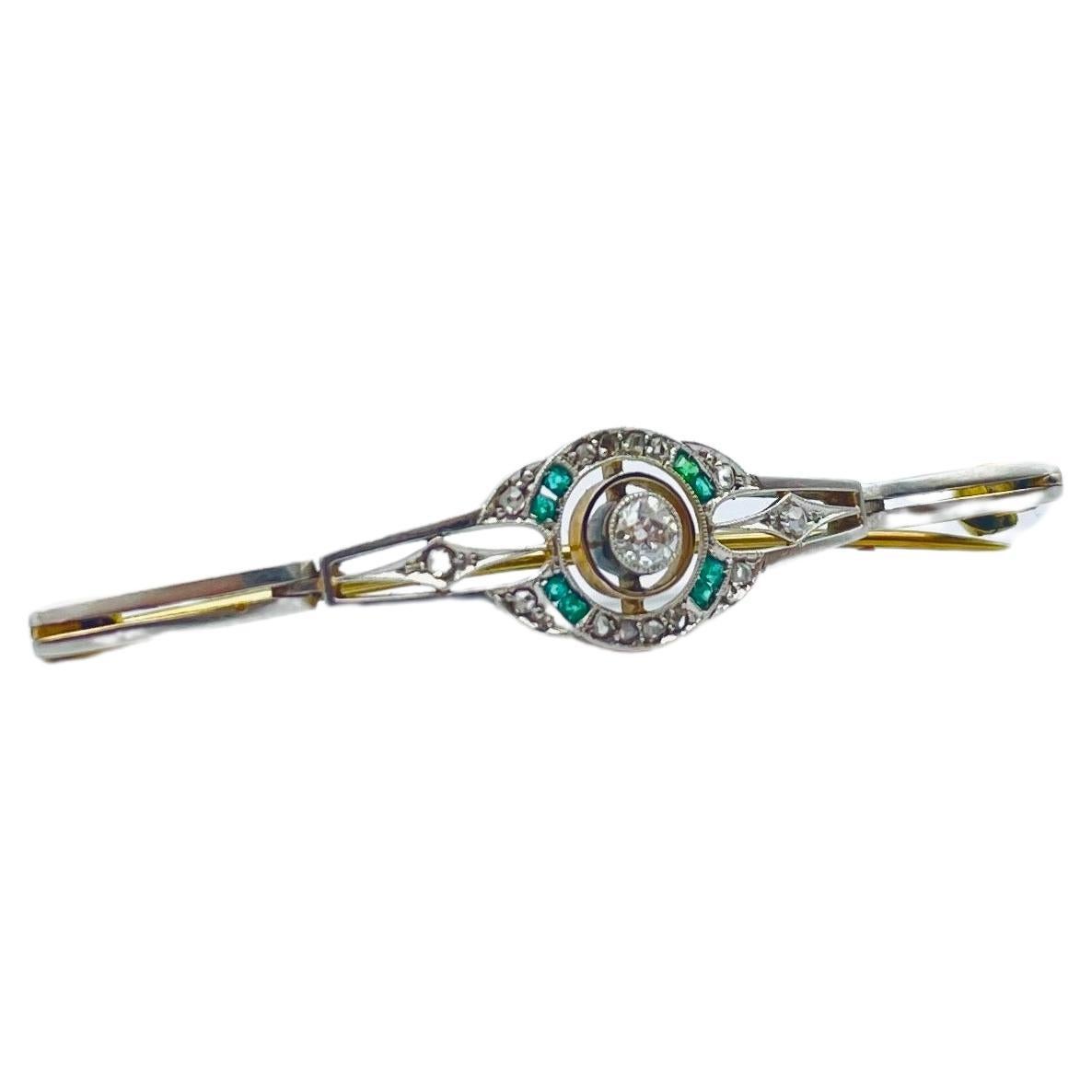 Art Deco Brosche mit Diamant und Smaragd 14k Gold im Angebot 6