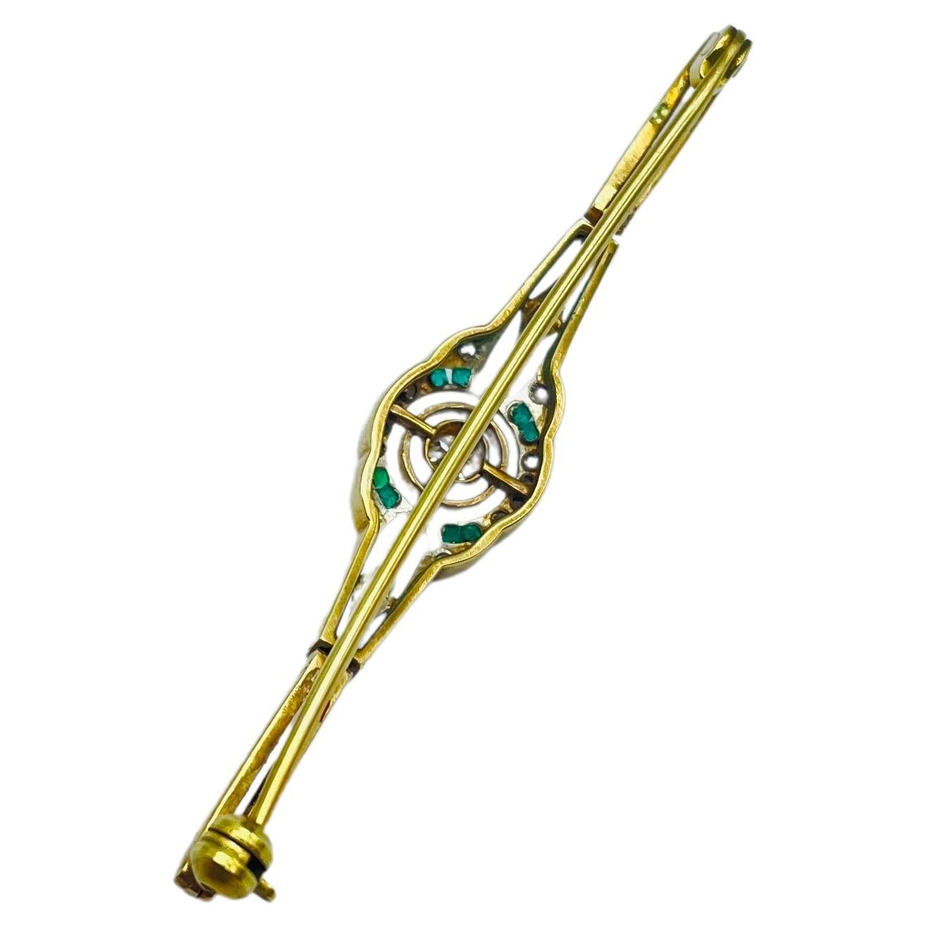 Art Deco Brosche mit Diamant und Smaragd 14k Gold (Smaragdschliff) im Angebot