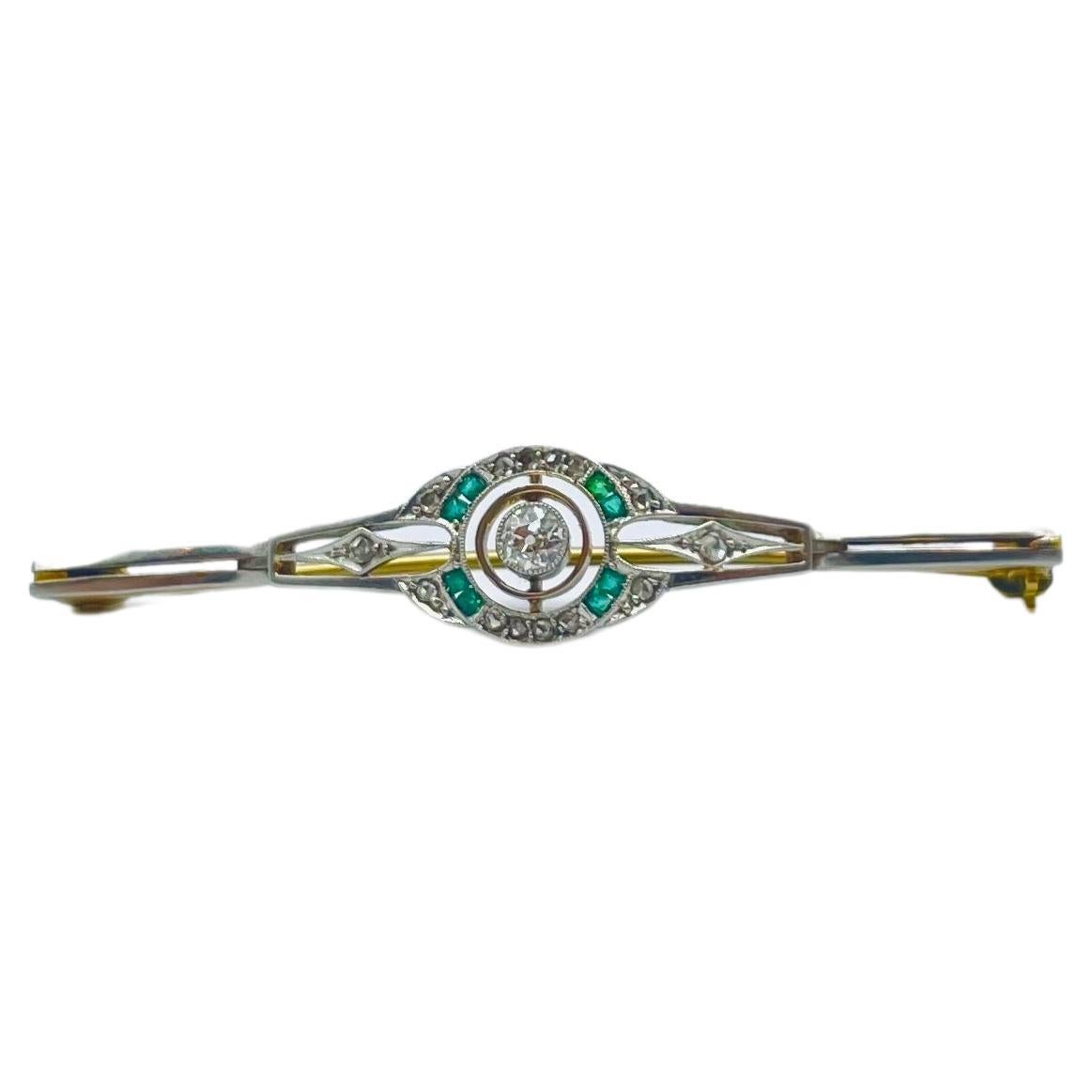 Art Deco brooche with diamond and emerald 14k gold For Sale 3