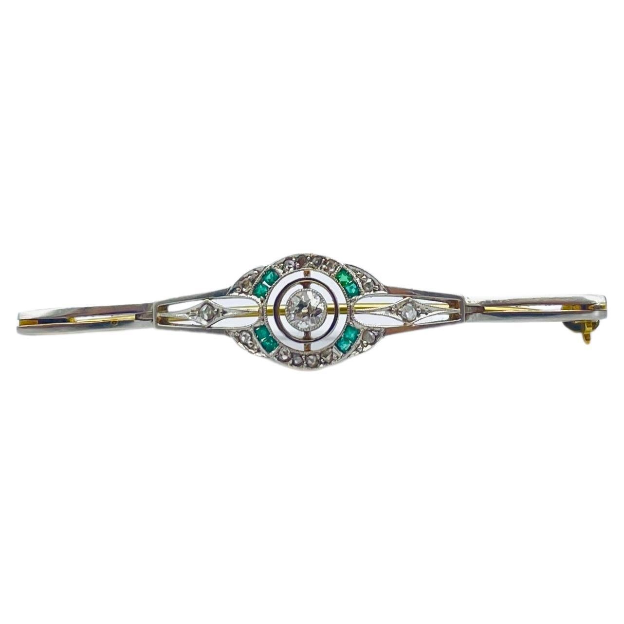 Art Deco brooche with diamond and emerald 14k gold For Sale