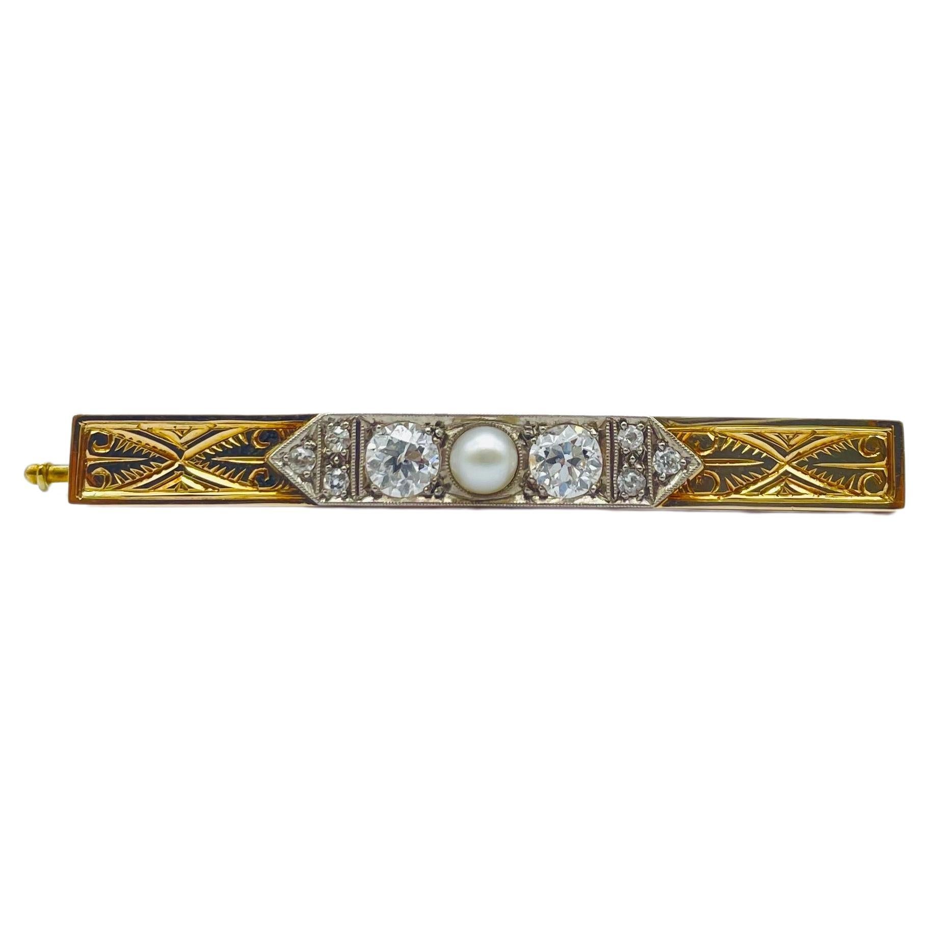 Art deco Brooche with diamond and pearl in 14k bicolor For Sale 4