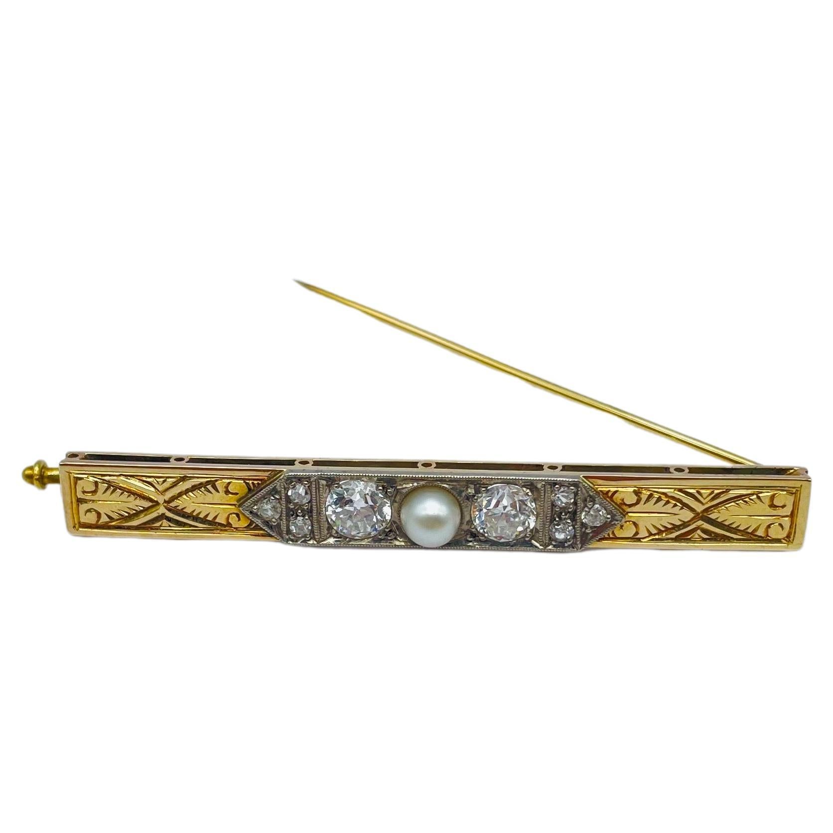 Art deco Brooche with diamond and pearl in 14k bicolor  In Good Condition For Sale In Berlin, BE