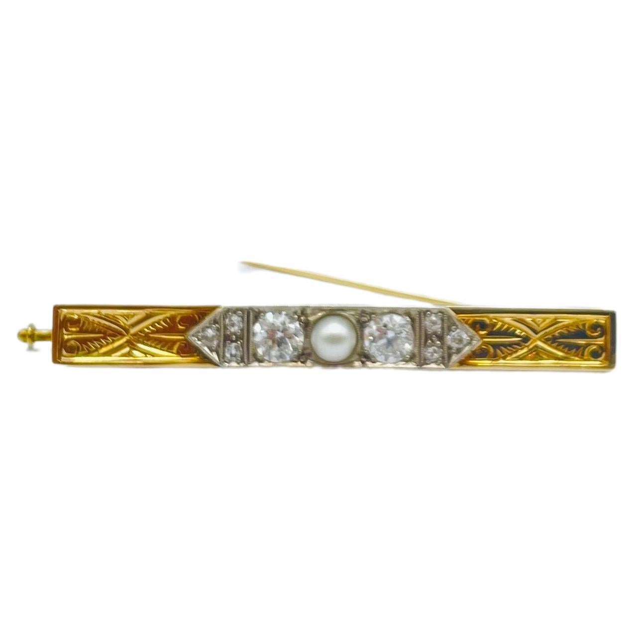 Art deco Brooche with diamond and pearl in 14k bicolor  For Sale 2