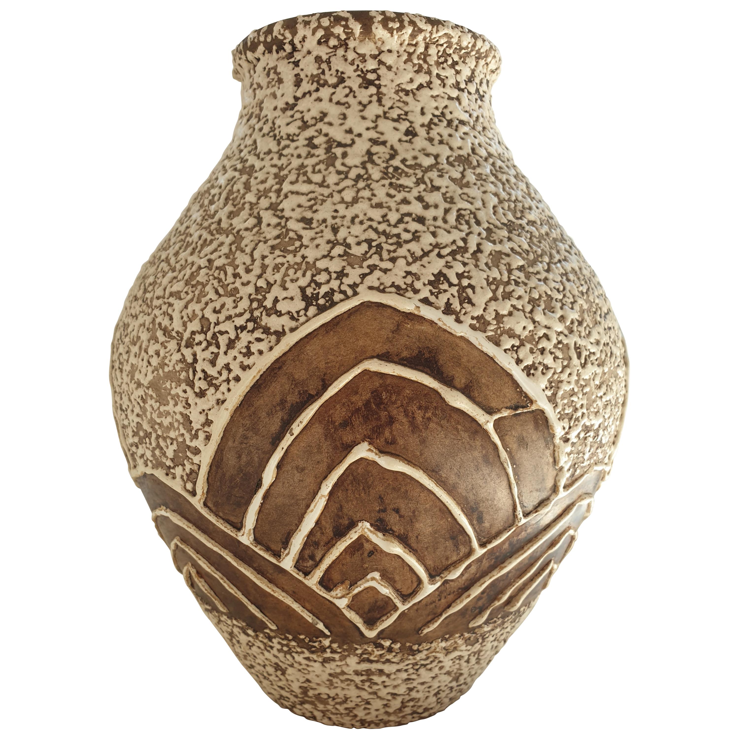 Art Deco brown and cream, French ceramic vase For Sale
