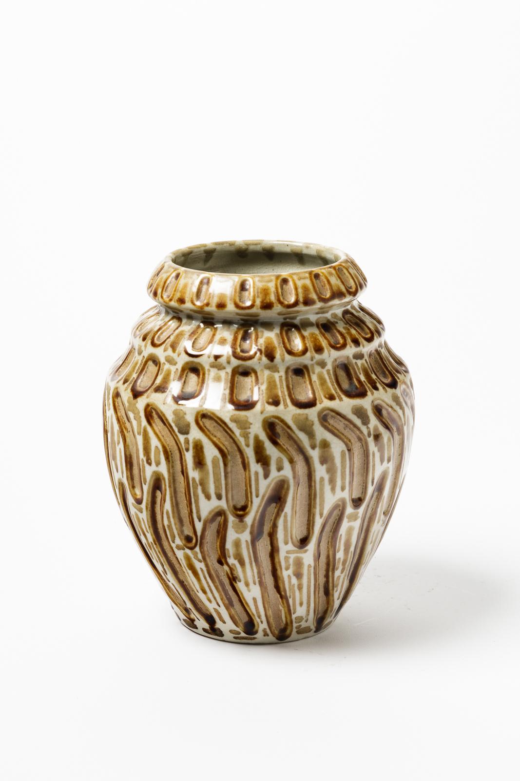 French Art Deco Brown and White Stoneware Ceramic Vase by Adrienne Picart, circa 1940  For Sale