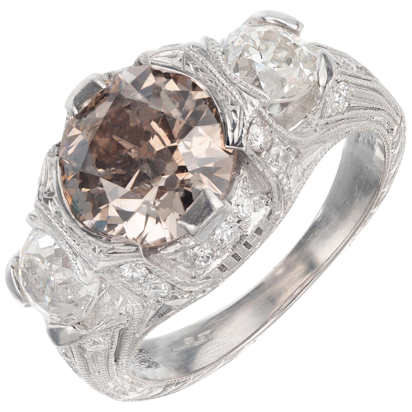 GIA-zertifizierter 2,19 Karat brauner Diamant Platin Art Deco Verlobungsring im Angebot