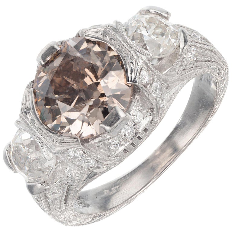 GIA Certified 2.19 Carat Brown Diamond Platinum Art Deco Engagement Ring For Sale