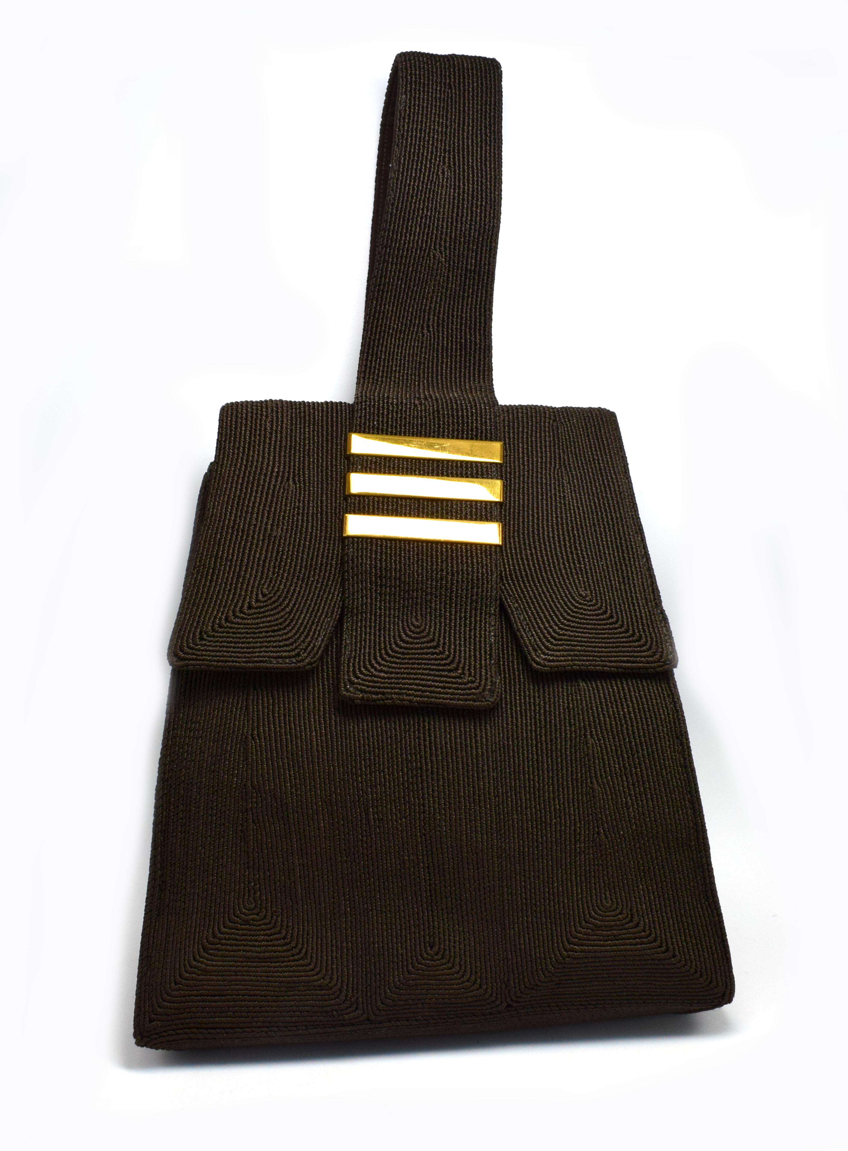 American Art Deco Brown Genuine Cord Ladies Handbag, 1930 For Sale