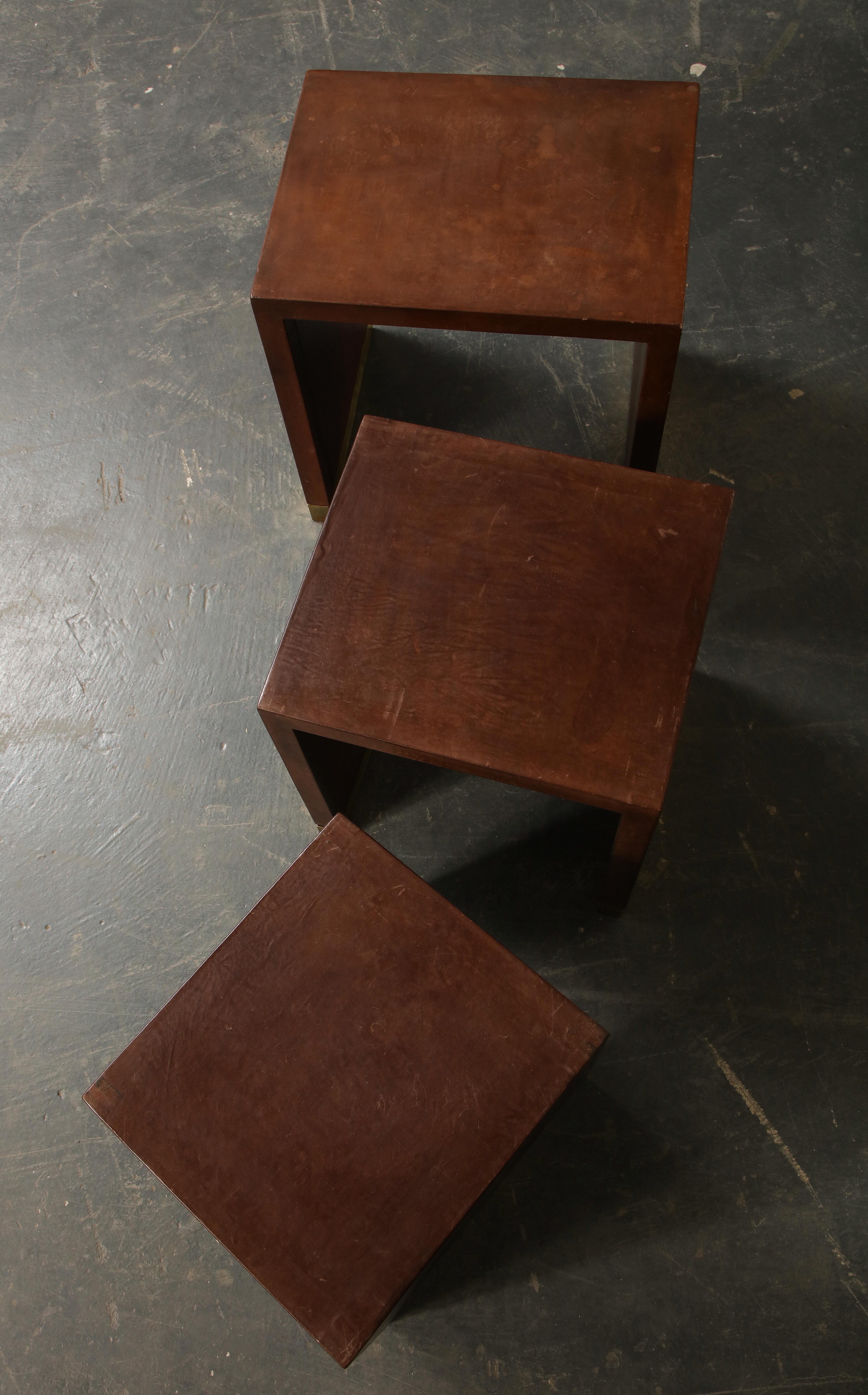 Art Deco Brown Leather and Brass Set of Three Nesting Tables 3
