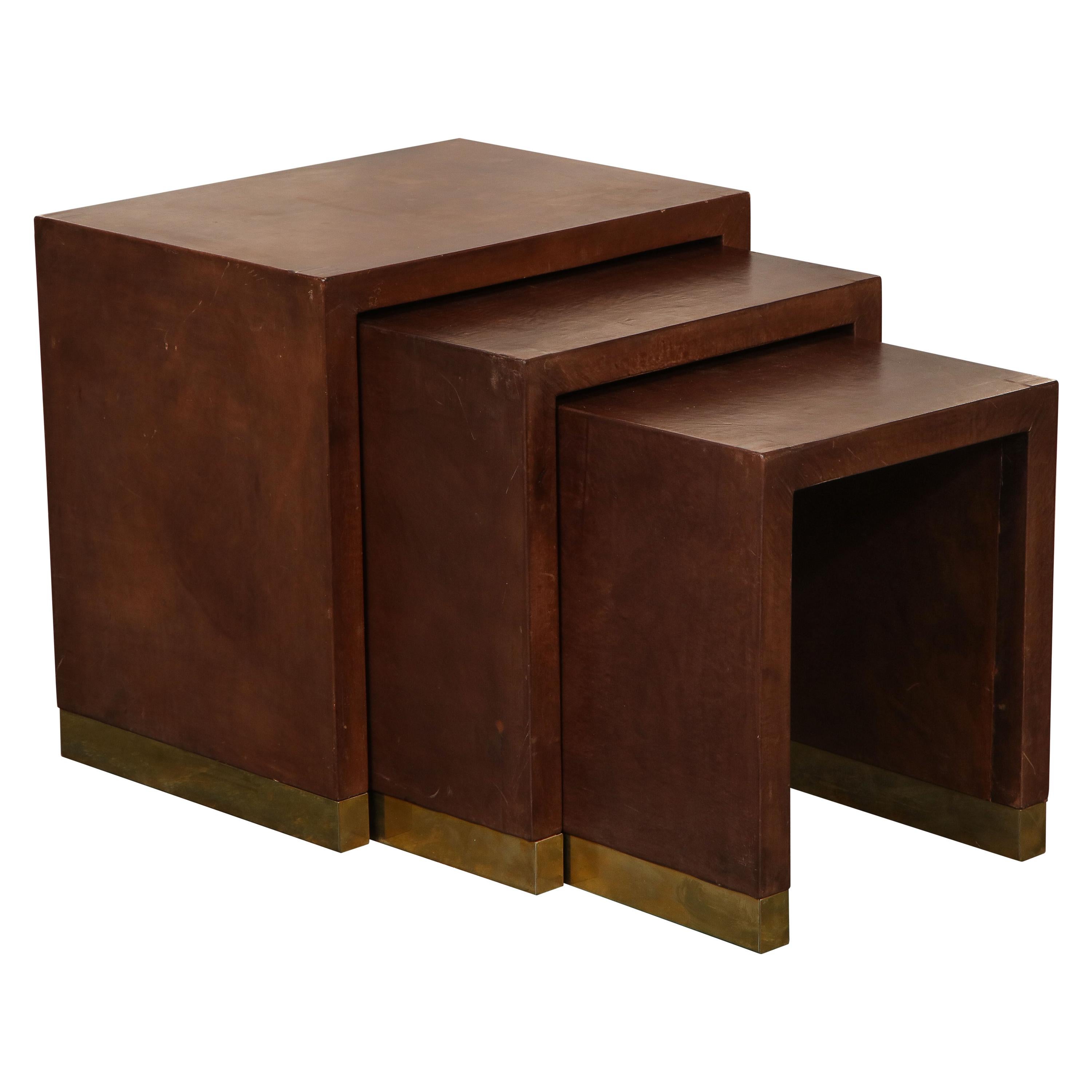 Art Deco Brown Leather and Brass Set of Three Nesting Tables