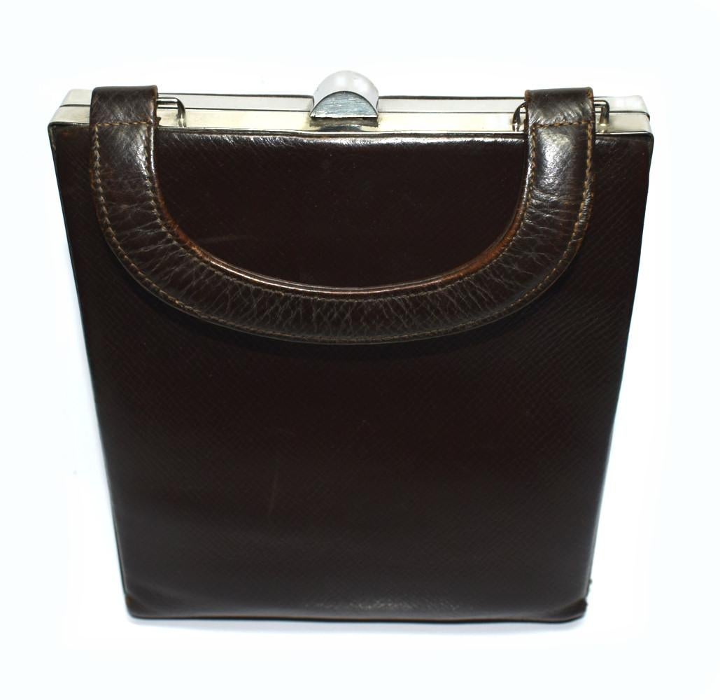 European Art Deco Brown Leather and Chrome Box Bag