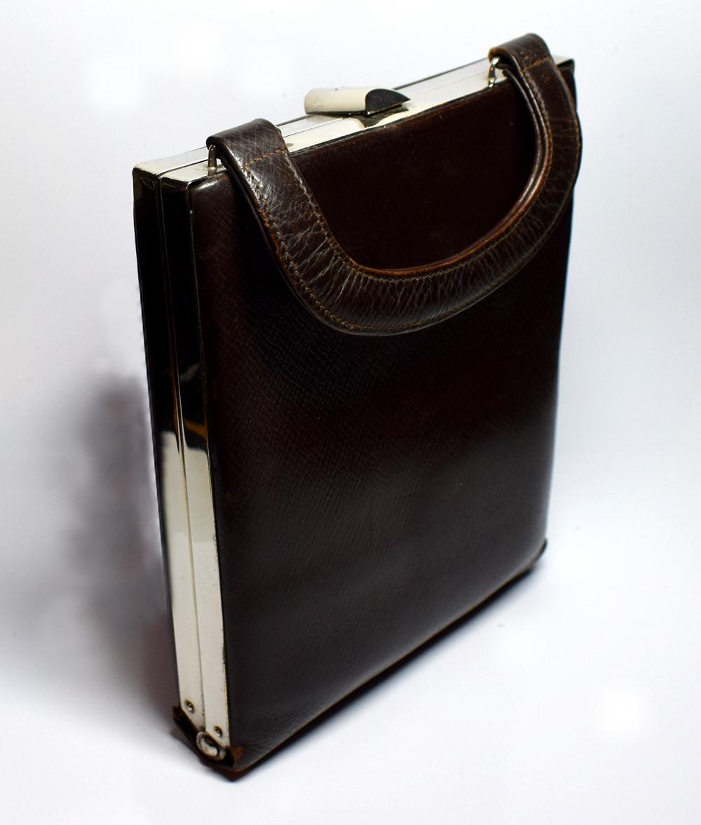 Art Deco Brown Leather and Chrome Box Bag 3