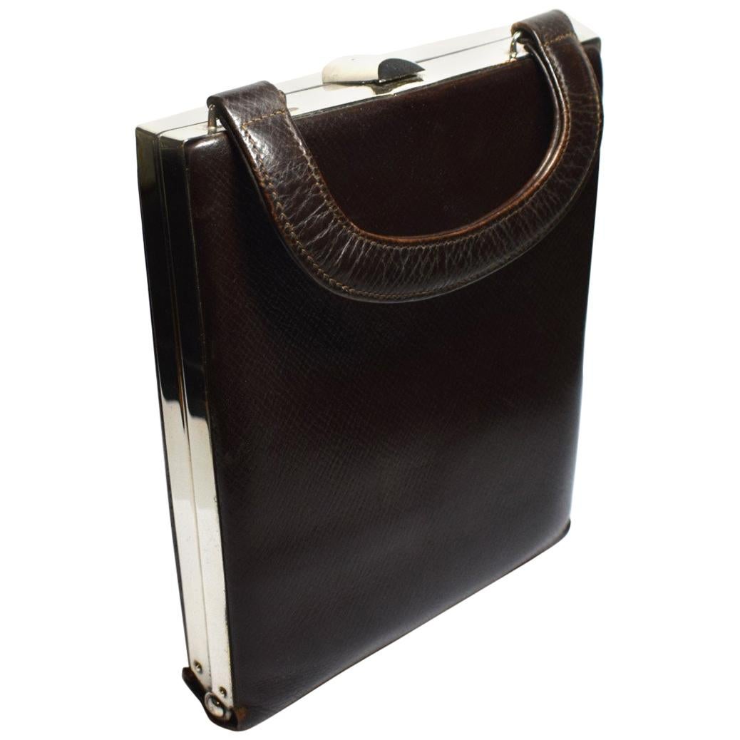 Art Deco Brown Leather and Chrome Box Bag