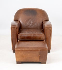 Art Deco Brown Leather Club Chair and Ottoman