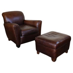 Art Deco Brown Leather Club Chair With Ottoman