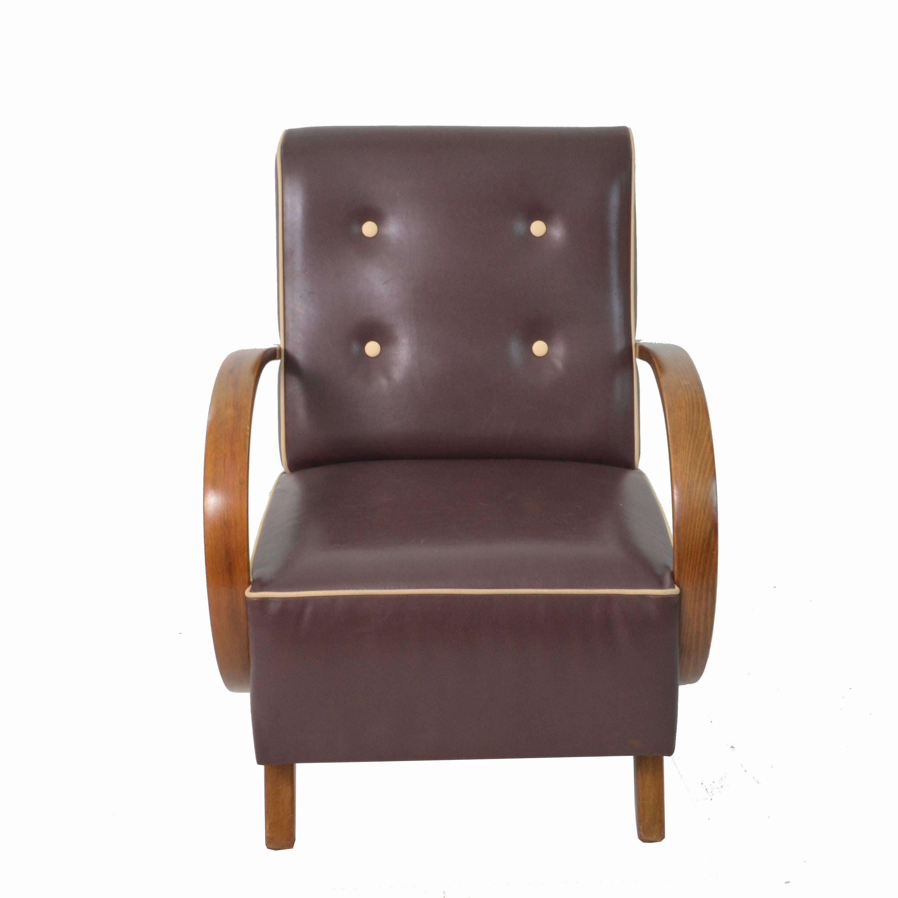 Art Deco Brown Leather Seats and Walnut Wood Armrests Armchairs, 1930s 7