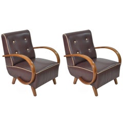 Art Deco Brown Leather Seats and Walnut Wood Armrests Armchairs, 1930s
