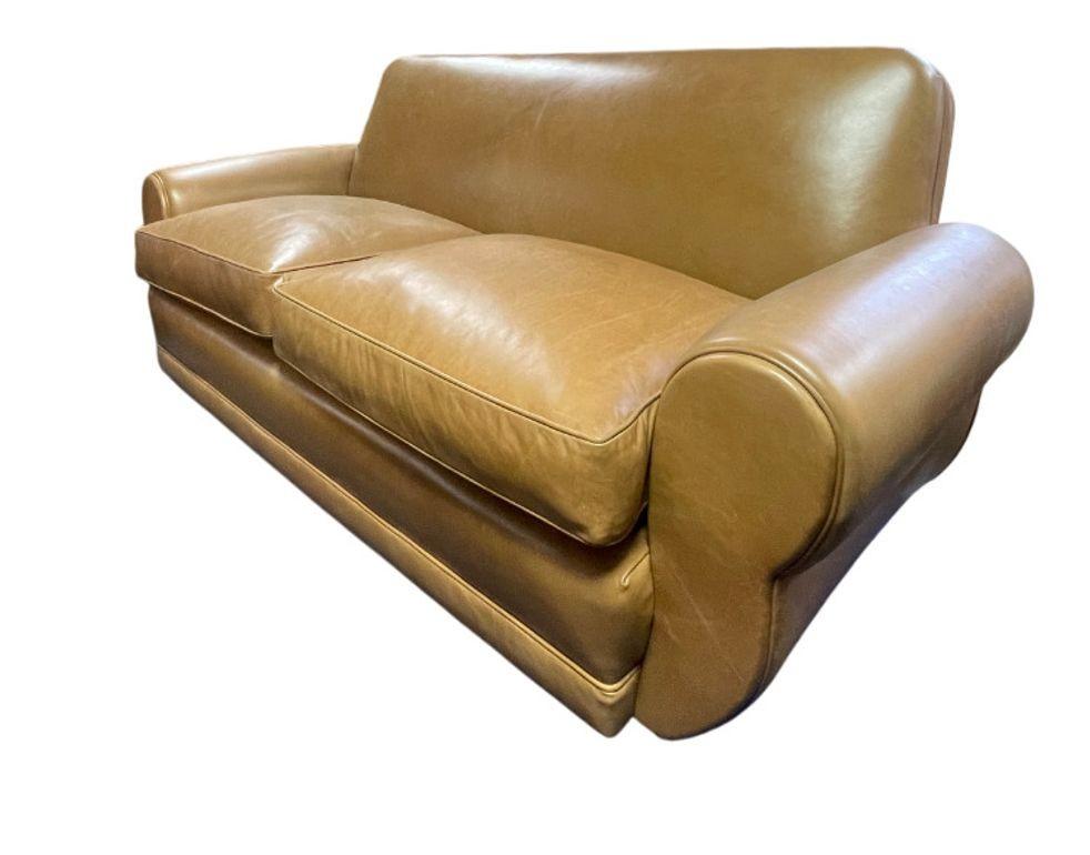 American Art Deco Brown Leather Sofa, Newly Upholstered, USA, 1940's. For Sale