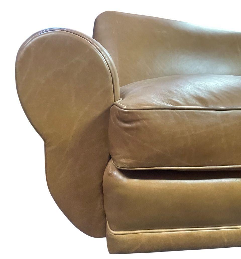 Mid-20th Century Art Deco Brown Leather Sofa, Newly Upholstered, USA, 1940's. For Sale