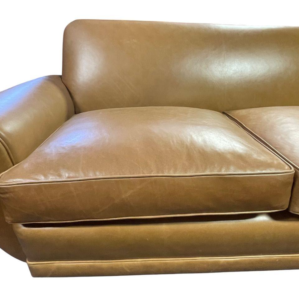 Art Deco Brown Leather Sofa, Newly Upholstered, USA, 1940's. For Sale 1