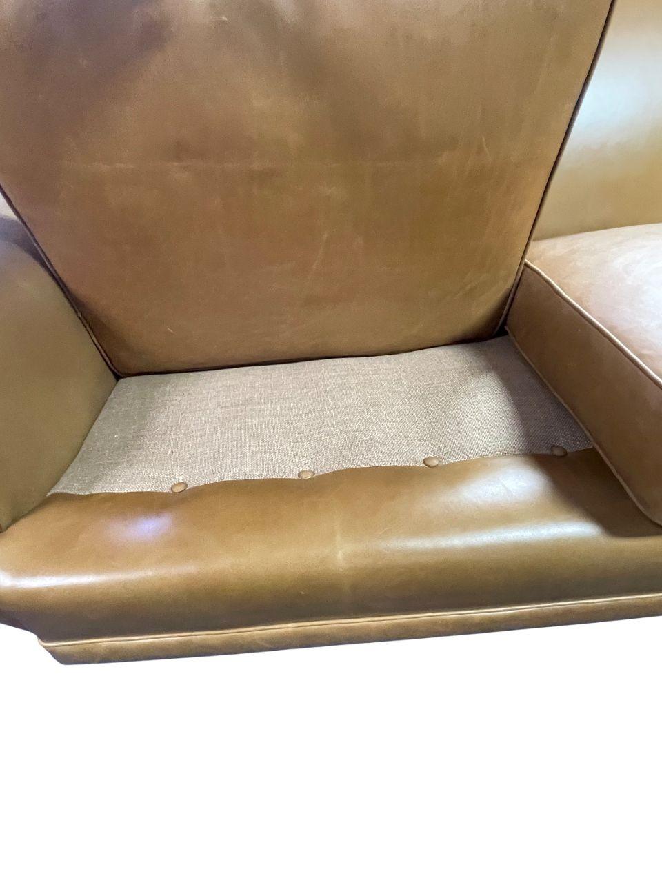 Art Deco Brown Leather Sofa, Newly Upholstered, USA, 1940's. For Sale 3
