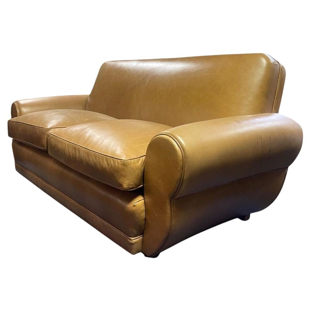 Art Deco Brown Leather Sofa, Newly Upholstered, USA, 1940's. For Sale