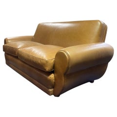 Art Deco Brown Leather Sofa, Newly Upholstered, USA, 1940's.